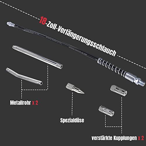 Foto von Thorstone Fettpresse mit Zubehör, 7000 PSI Heavy Duty Pistolengriff Fettpistolen-Set mit 18inch Flexschlauch, 2 Arbeits-Kupplung, 2 Verlängerung Starren Rohr, 1 scharfe Art Düsenrohr, Orange