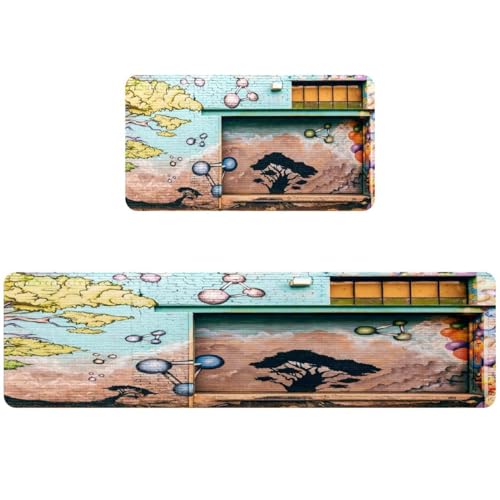 Alfombra absorbente lavable y antideslizante para cocina VAPOKF con arte de pared de 2 piezas 2