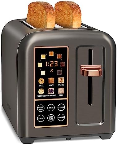 SEEDEEM 2 Slice Toaster, Stainless Steel Bread Toaster with Touch LCD Display, 1.4'' Extra Wide Slots Toaster with 4 Basic+More Timer Functions, Removable Crumb Tray, 1350W, Dark Metallic
