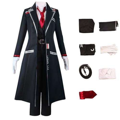 Cekalue Women Hong Lu Cosplay Black Costume All Set Shirt Vest Coat Tie Pants Belt Gloves Accessories Anime Halloween Outfits