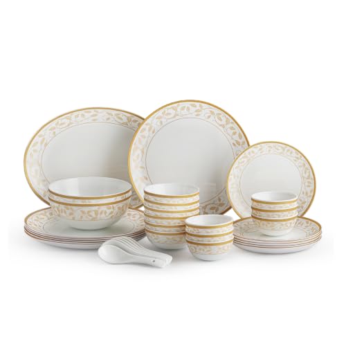 CELLO Amber Gold Divine Series Opalware Dinner Set of 33 Pieces for Family of 6 | Bone-Ash Free & Leadfree Opal Glass, Microwave & Dishwasher Safe