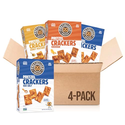 PRETZELIZED Snacks Pretzel Crackers 4 Pack Variety - (2) Sea Salt, (1) Cheddar, (1) Honey Mustard Multipack, 6.5 oz Boxes, Kosher