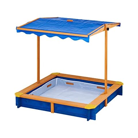 Teamson Kids Large Outdoor Wooden Sand Pit with Lid, Rotatable Canopy & Adjustable Height, Garden Sandbox Toy with Cover for Boys & Girls Cover
