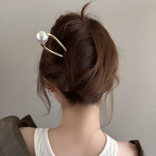 U Shaped Pearl French Hair Pin Gold Silver Metal Hair Clips French Hair Pins for Women Updo Hair Accessories Elegant French Pin Hair Clip U-Shape Hair Fork Hairpin Hair Sticks for Buns Hairclips, 2pcs
