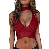 Yoofeiduoduo tshirt damen oversize Frauen Gehäkelte Sommer Crop Tops Stricken Neckholder Hollow Cut Tiefer V-Ausschnitt Bustier BH Weste Sport Party Dance Kurz Tank Top Trägershirts Ärmellos, Wein, S