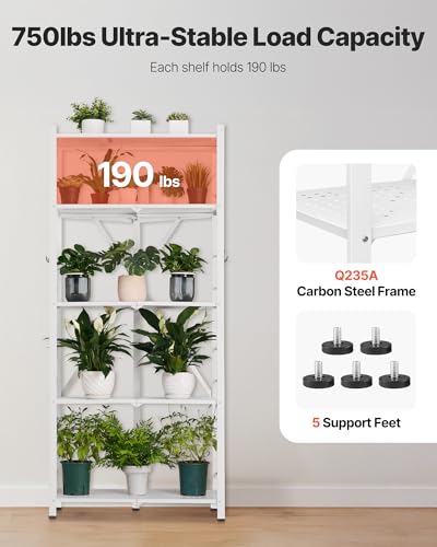Image of VEVOR 5-Tier Foldable Storage Shelf, 28 W x 15D x 64H Inch Folding Metal Rack Shelving Unit, No Assembly Organizer Shelf with 5 Wheels & 4 Hooks for Pantry, Kitchen, Garage, Basement, White