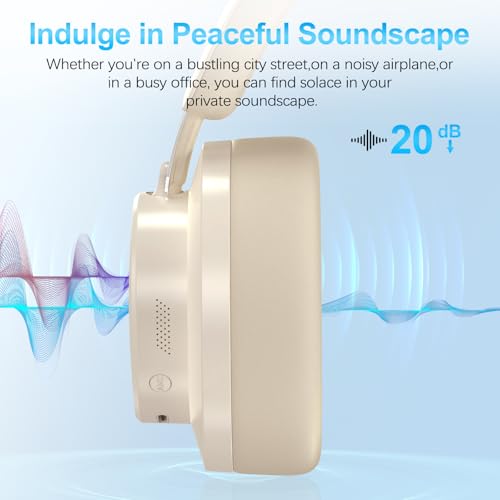 Noise Cancelling Headphones Wireless Bluetooth, Over Ear Headphones Bluetooth with Microphone, Cancelling Wireless Headphone Over Ear, 65h Playtime, Clear Calls, Comfort Fit For Travel (Beige) - Image 4