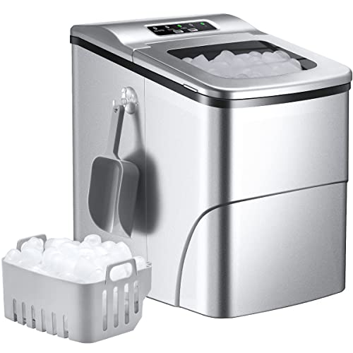 26Lbs Portable Ice Maker, Compact Ice Maker Countertop Machine, Self-Cleaning, 9 Ice Cubes Ready in 6 Mins, 26lbs Per Day, 2 Sizes of Bullet Ice, 2L Electric Ice Maker, for Party Home Camping, Silver