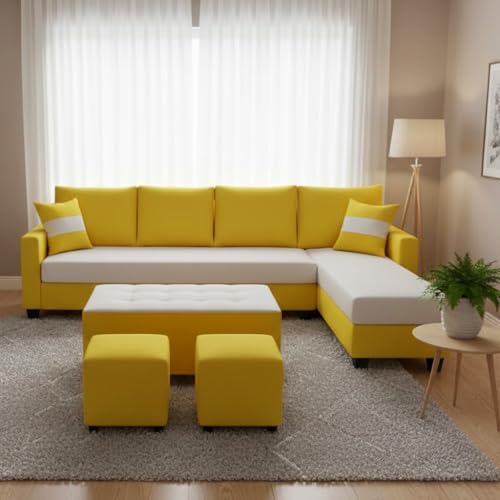 Image of CASASTYLE Adonway 8 Seater Fabric RHS L Shape Sofa Set (Light Grey-Yellow) Premium Velvet Finish | Ideal for Living Rooms