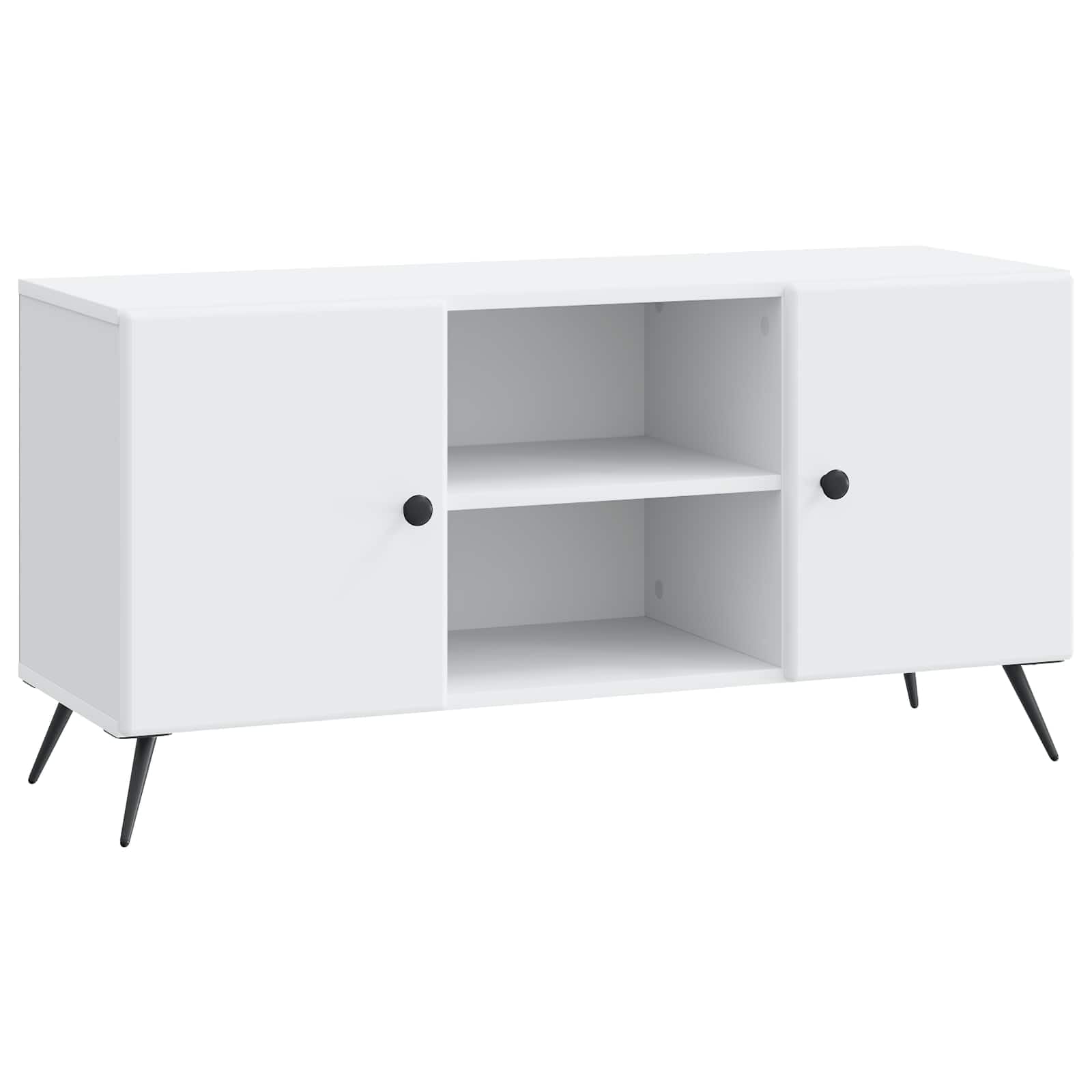Meuble TV bas blanc en bois de 102 cm avec 2 portes et étagère centrale pour salon