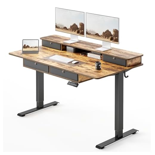 FEZIBO Height Adjustable Electric Standing Desk with 4 Drawers, 55 x 24 Inch Table with Storage Shelf, Sit Stand Desk with Splice Board, Black Frame/Rustic Brown Top, 55 inch