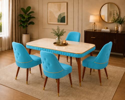 Image of WOODEN SPACE Majestic 4 Seater Wooden Dining Table Set | Urban Marble Top Dining Table with Chairs for Dining Room & Kitchen (Sky Blue Modern Grand Aura) (54 x 36 x 30 inch)