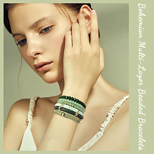 Jewpark 36Pcs Bohemian Multi-Layer Beaded Stacking Statement Bracelets Versatile Strand Stretch Sparkly Crystal Beads & Heishi Wrap Slip-On Cuff Bangle Set For Women #TOP1