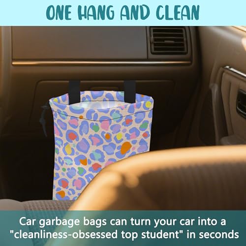 Image of Car Garbage Bag Rainbow Colorful Leopard Drawstring Car Trash Bag Hanging for Back Seat with Adjustable Buckle Canvas Vehicle Trash Can Easy-to-Install