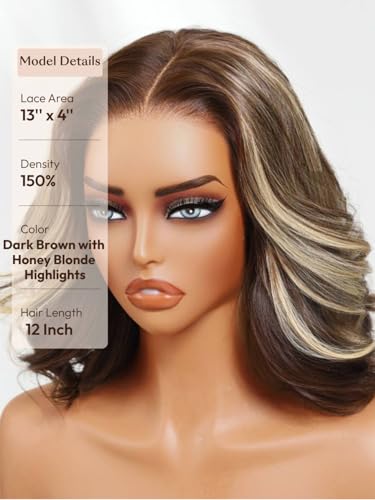 Image of Beauty Forever Bob Wig Human Hair Dark Brown with Honey Blonde Highlights 13x4 HD Lace Glueless Wig,Layered Wavy Short Bob with Drawstring,Pre Cut Plucked Bye Bye Knots,150% Density Ready to Go 10inch