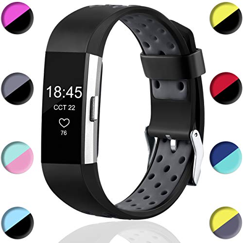 Wepro Bands Compatible with Fitbit Charge 2 HR for Men Women Girls Kids, Replacement Accessory with Air Holes, Large, Black on Grey