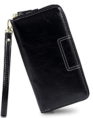 Women's Leather Wristlet Wallet with RFID Protection | Handcrafted Clutch Organizer | Stylish Large Capacity Zipper Purse (Black)