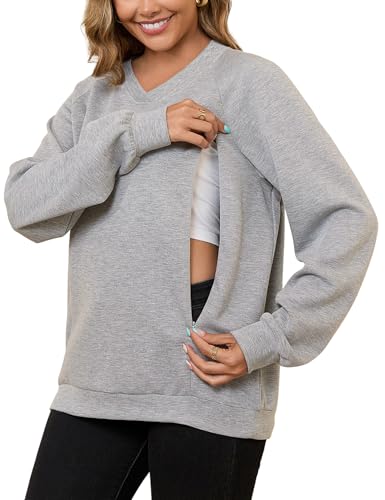 Bhome Womens Long Sleeve Nursing Shirts Dual Zippers Maternity Breastfeeding Sweatshirts V Neck Loose Fit Pregnancy Tops Fall Winter,Light Heather Gray S