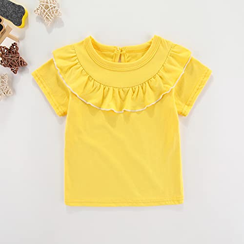 Kids Girls Summer Short Sleeve Tops Solid Color Falbala Ruffles Leisure T-Shirt Pullover Blouse Clothes(Yellow,5-6 Years)2