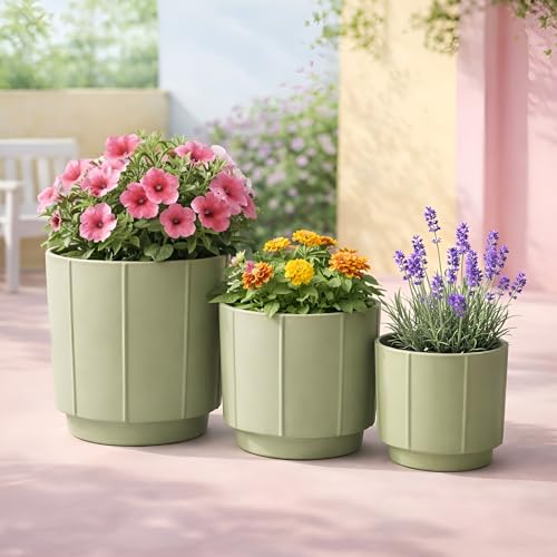 Image of Xtore Verde Ceramic Ribbed Planter Set | Soft-Tone Vertical Groove Plant Pots for Home & Office Decor - (Set of 3, Green, Planter ONLY)
