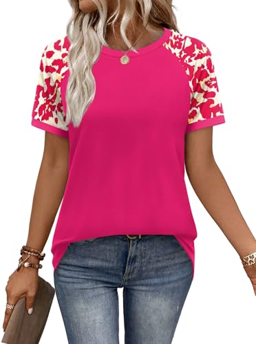 WIHOLL Women's Short Sleeve Block T Shirt for Women Crew Neck Ladies Tops Casual Shirts Size 18-20 Pink Leopard