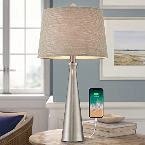 Oneach 25.8" Modern Usb Table Lamp Set Of 2 For Living Room Bedroom Bedside Nightstand Lamps Fabric Shade Accent Light Silver #TOP5