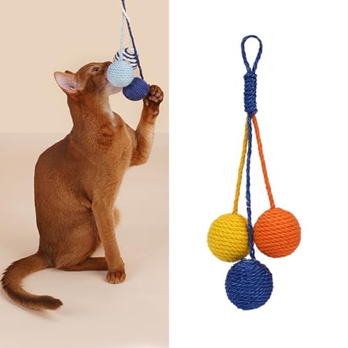 MANON ROSA Interactive Cat Toys - Set of 3 Natural Sisal Balls with Rattle - Self-Play Cats Toy for Bored Indoor Adult Cats, Promotes Exercise and Mental Stimulation (Tri-Color)