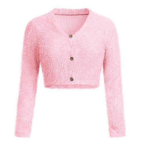 Susenstone Pull Femme Hiver Chaud en Laine Pas Cher Poilue A Manche Longues Casual Crop Popular Col V Sweater pour Femmes (M(EU38), Rose)