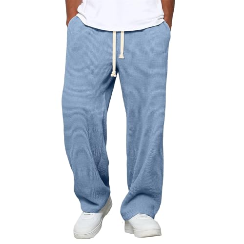 Waffle Pants Men Textured Drawstring Waist Solid...