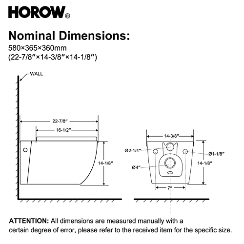 Horow Wall Hung Toilet Hr-Wt01W, Compact In Wall Toilet With Soft Closing Seat, 1.1 Gpf/1.6 Gpf Dual Flush Round Toilet Bowl For Modern Bathroom, Wall Mounted Design, White Ceramic #TOP7