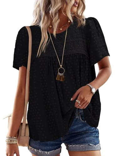 Image of Falechay Womens Summer Tops Crewneck Short Sleeve Shirts Casual Chiffon Blouses Flowy Lace Hem Boho Clothing Trendy 2026
