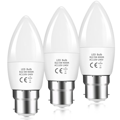 Caldarax B22 LED Bayonet Cap Candle Bulbs 5W, C37 B22 LED Candle Light Bulb 40W Equivalent, 470LM Daylight Natural White 4000K, BC Energy Saving Candle Bulbs, Non-Dimmable, Pack of 3