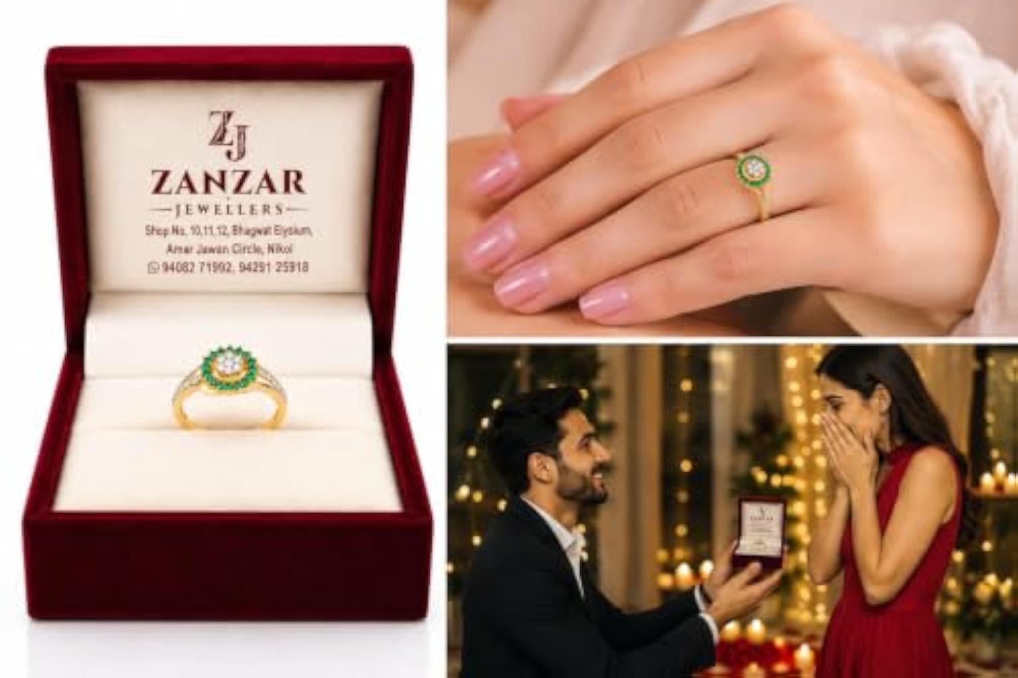 Gold-Tone Ring with Emerald Halo and Diamond Cluster