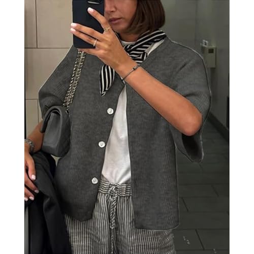 Image of Women Y2k Knitted Crop Cardigan Shirt Short Sleeve Button Down Ribbed Knit Crop Top Outwear Top Tee Shirt