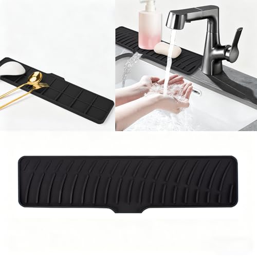SOOFASGO Silicone Faucet Mat for Kitchen Sink Bathroom Faucet Pad Sink Splash Guard Soap Sponge Holder Dish Drying Mat Double Side Available 2in1 Drainer Mat Heat-resistant 16.54x3.94in Black