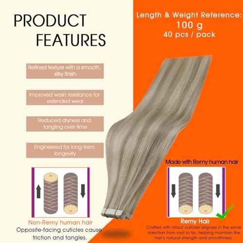 Image of Full Shine Tape ins Human Hair Extensions Color 18 Ash Blonde Highlight 613 Blonde Tape in Hair Extensions 24Inch Invisible Remy Skin Weft Add Length 40Pcs 100Gram Soft Silky