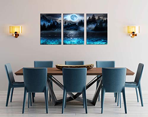 Aburaeart Moon Wall-Art - Deer Ocean Landscape Picture Wall Art For Living Room Modern Wall Decor For Bedroom - 3 Piece Canvas Wall Art Size 16X24 Each Panel #TOP3