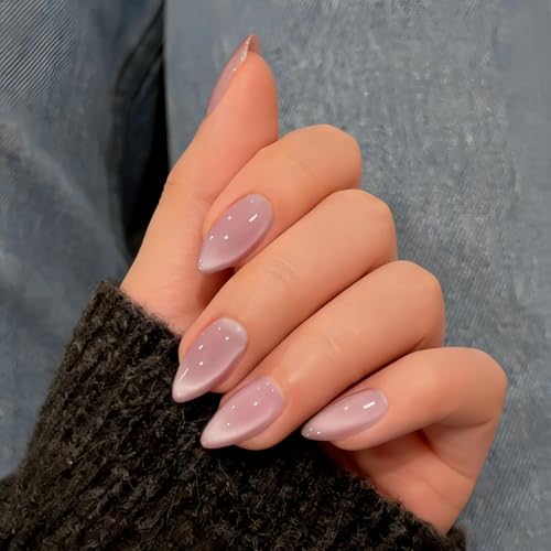 KQueenest Cat Eye Press on Nails Almond Medium, Glazed Glitter Pastel Pink False Nails Medium Stiletto, Shiny Bling Acrylic Fake Nails Set Glass Sparkly Stick on Nail for Women Wedding 30 Pcs
