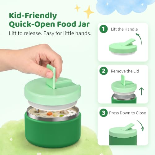 Image of Bento Lunch Box with 8oz Soup Thermo, Kids Leakproof Lunch Food Containers with 4 Compartment, Kids Thermo Insulated Hot Food Jar for School, Trvael-Green