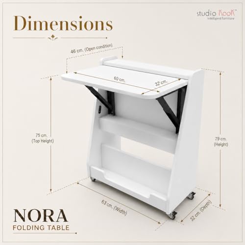 Image of Studio Kook Nora Folding Table (Study Table, Multipurpose Desk with Wheels, Engineered Wood, Matte Finish) (Moonshine White)