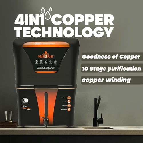 Image of AQUA D PURE 4 in 1 Aqua Copper Infuser Filter Technology RO Water Purifier with UV, UF, TDS Adjuster, Fully Automatic Function and Suitable for all type of water supply, 12 Liter, Black