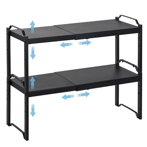 2 Pack Expandable Cabinet Countertop Shelves, Stackable Shelves Organizers For Kitchen Cabinet Countertop Storage, Adjustable Counter Cupboard Pantry Organizer Shelf Rack Stand, Length:20.5″