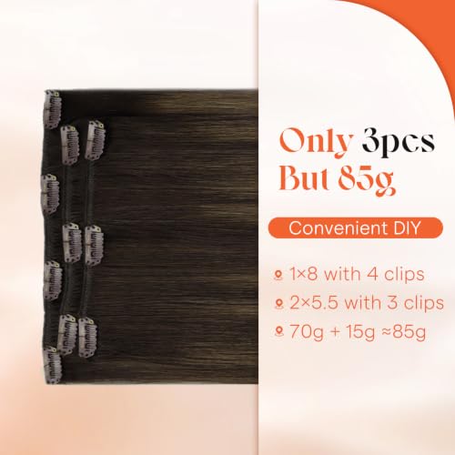 Image of Sunny Hair Clip in Hair Extensions Real Human Hair Dark Brown Balayage | 14 Inch Remy Hair for Women Natural Seamless Blend Clip Ins Ash Brown Ombre For Everyday Wear Lightweight 85g