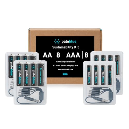 Image of USB Rechargeable Smart Batteries by Pale Blue, Lithium Ion, Under 90 Minute Charge Time, Over 1000 Cycles, 4-in-1 USB to USB-C Charging Cable, LED Charge Indicator (8 AA and 8 AAA Batteries)