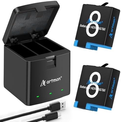 Artman Replacement Hero 8 Batteries 1500mAh (2-Pack) and 3-Channel LED USB Storage Charger Compatible with Gopro Hero 8 Black, Hero 7 Black, Hero 6/5 Black (Fully Compatible with Original)