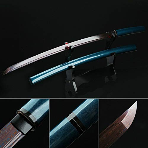 LF Sword Blue Handmade Damascus Steel Red Blade Shirasaya Katana Samurai Swords