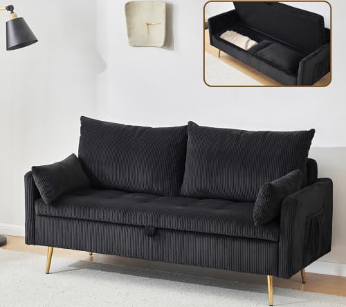 Furnimart 2 Seater Loveseat with Storage, 61" Corduroy Couch for Small Living Room, Bedroom, Tiny Homes & Lofts, Black