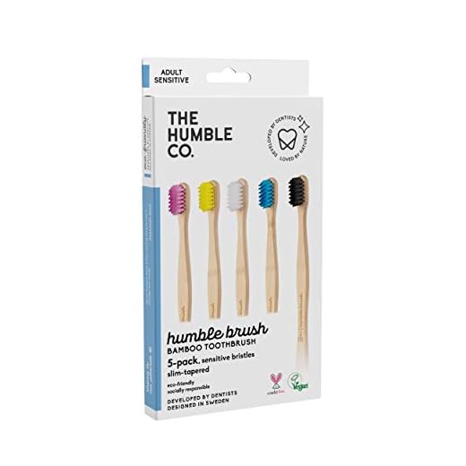 The Humble Co. Paquete familiar de cepillos de dientes de bambú (5 unidades) | Cerdas sensibles | Biodegradables, ecológicos, veganos para tu cuidado bucal diario, aprobado por dentistas