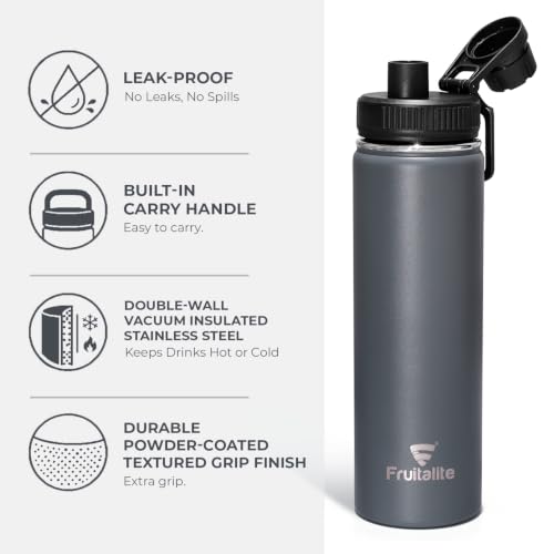 Image of Fruitalite Thermosteel Insulated Fruit Infuser Water Bottle- 700ml with Screw /Spout Lid, Steel Infusion Rod, Infused Detox Recipe eBook, Double-Wall Vacuum Stainless Steel Bottle- Smokey Grey