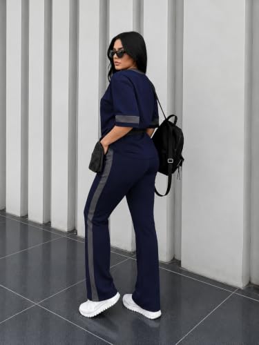 Image of Tracksuit for Women | Casual Brown Loungewear 2 Piece Set | Short Sleeve T Shirt and Wide Leg Pants with Side Stripes | Sports Jogging Co ord Matching Sweatsuit(40-N-1-4)